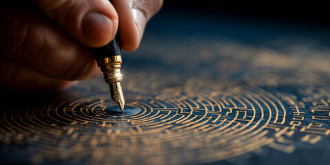Extreme close-up of a hand using a fountain pen to draw an intricate golden circular maze on a blue dark surface. Conceptual image that represents the choices and challenges of life. Generative Ai.