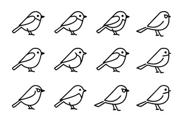 Bird Silhouette Array: An array of simplistic, outlined illustrations of birds, each capturing a unique pose or posture. Designed with precision.