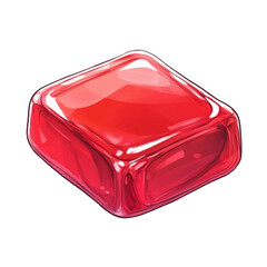 Shiny red jelly cube with smooth edges and glossy surface on transparent background