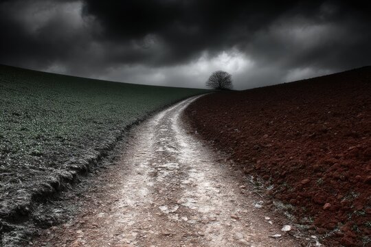 A winding dirt path through contrasting fields under a stormy sky - Powered by Adobe