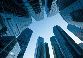 Lowangle view of modern skyscrapers against a clear blue sky