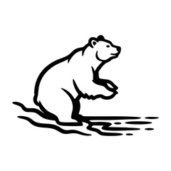 Fototapeta premium Bear Fishing by Water Edge Silhouette - Black White Wildlife Vector Logo