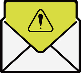 ウイルスやスパム警告、注意マークを示すメールアイコンのベクターイラスト。サイバー攻撃や情報漏洩、フィッシング詐欺の注意喚起に適したグラフィック素材