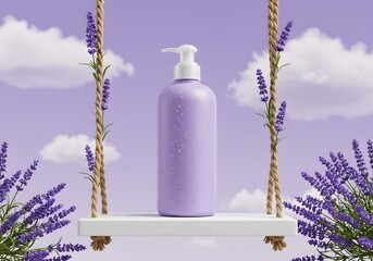 Minimalist Lavender Lotion Bottle on White Wooden Swing with Floral Elements, Artistic Cosmetic Product Photography for Skincare and Wellness Promotion