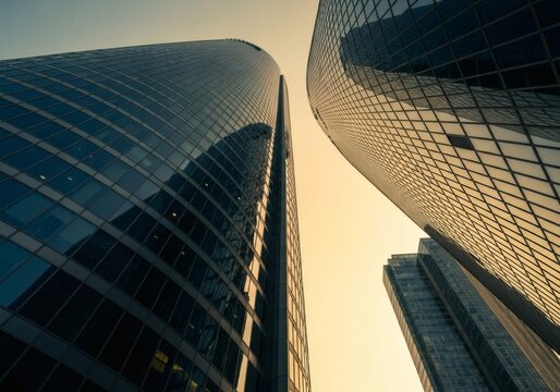 Lowangle view of modern glass skyscrapers against a yellow sky