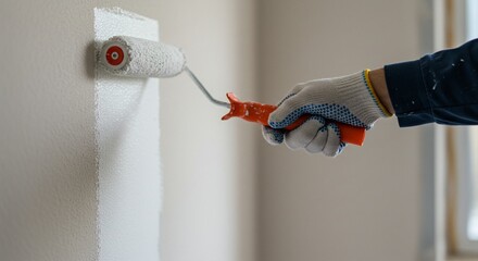 Painter Hand Applying Wall Paint from Side Angle