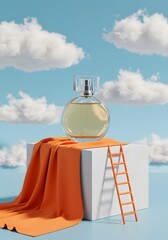 Minimalist Modern Glass Perfume Bottle with Orange Fabric and Ladder, Surreal Artistic Cosmetic Product Photography for Fragrance Promotion