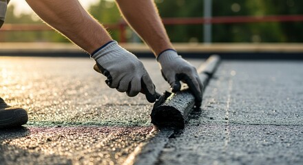 Professional Handyman Installing Bitumen Roof with Safety Gear