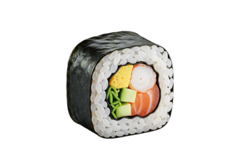 Close-up of a sliced sushi roll with various fillings.