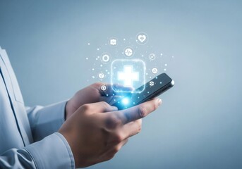 Man holding smartphone with medical icons blue background