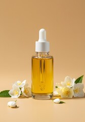 Minimalist Jasmine Essential Oil Dropper Bottle with Flowers, Clean Cosmetic Product Photography for Wellness and Beauty
