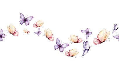 Seamless frame, border with beautiful colorful butterflies. Watercolor hand drawn logo, template, insect clipart isolated on background. Botanical and wedding illustration. Baby shower design elements