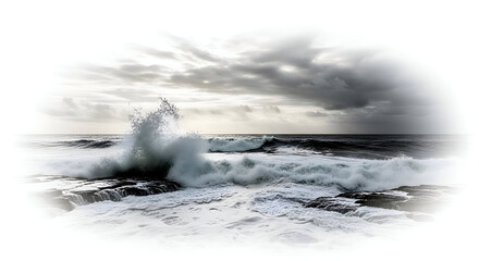 Dramatic ocean waves crashing on rocks.