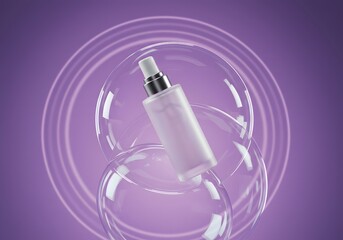 Modern cosmetic spray bottle with glass bubble and ripple effect, futuristic design for beauty product advertisement