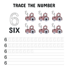 Number tracing worksheet with the number 6 and six pink tractors. A playful, engaging resource for kids to learn number writing and counting through vehicle-themed visuals.