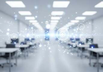 Modern classroom with digital health icons and data visualization