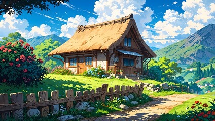 Picturesque anime style cottage in mountain landscape with flowers and thatched roof under blue sky