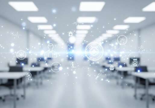 Modern classroom with digital health icons and data visualization