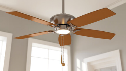 A modern ceiling fan with four wooden blades in a warm honey-brown color mounted on a white ceiling. The fan has a brushed nickel finish with a circular light fixture in the center.