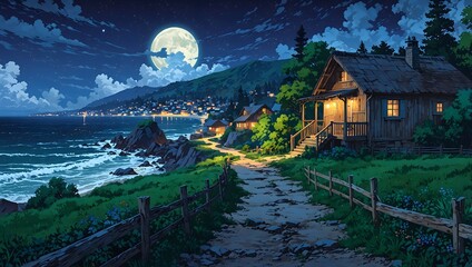 Anime style moonlit seaside village with wooden cottage and glowing windows at night