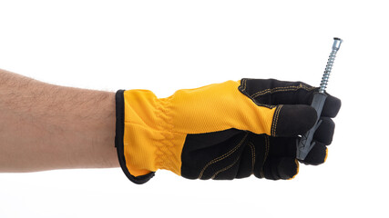 Hand holding a screw with work gloves on display
