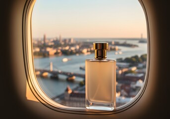 Minimalist perfume bottle with urban cityscape view through airplane window, golden hour lighting for luxury and travel theme