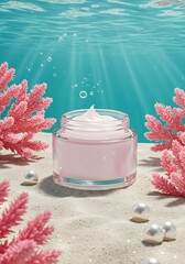 Underwater skincare cream jar with coral and pearl elements, vibrant marine theme for beauty and wellness promotion