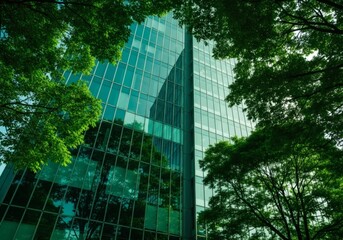 Modern office building surrounded by lush green trees