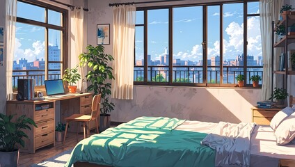 Anime style sunlit bedroom interior with large windows and city skyline view