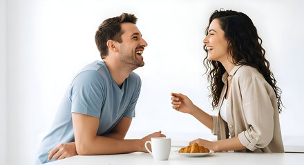 Couple laughing and enjoying a light breakfast.