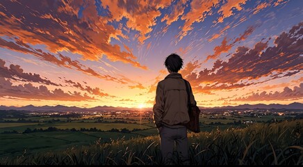 Anime style boy watching dramatic sunset over vast green countryside landscape
