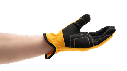 Work glove held in an outstretched hand