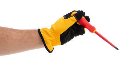 Hand holding screwdriver while wearing gloves