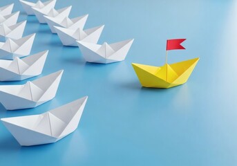 Origami paper boats one yellow lead boat with red flag follow white boats