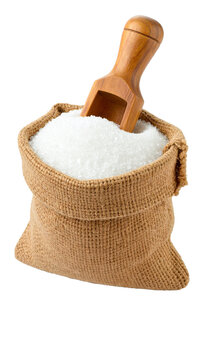 burlap sack filled with white granulated sugar