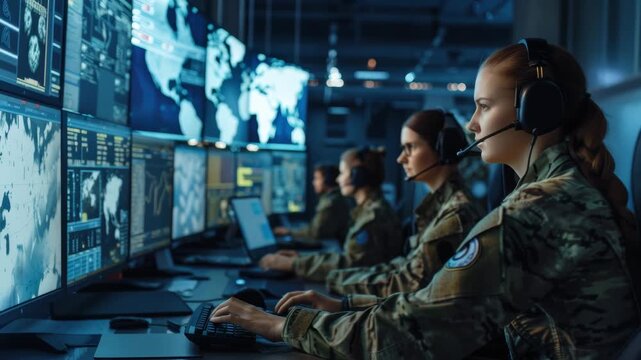 Women in military uniforms monitoring screens with maps and data in a control room setting at night