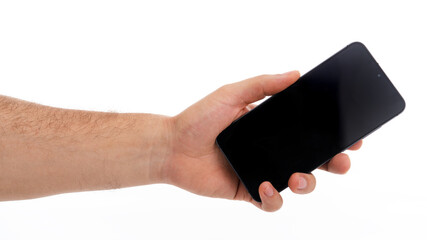 Hand with smartphone on white background