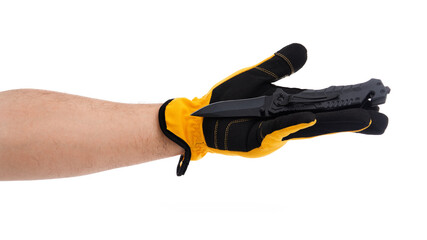 Hand holding knife with protective glove shown