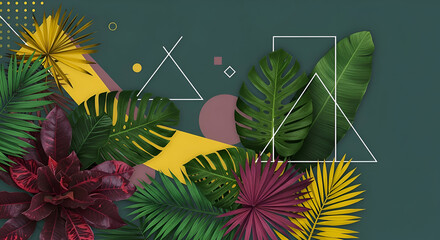 Colorful tropical leaves arranged in a geometric design.