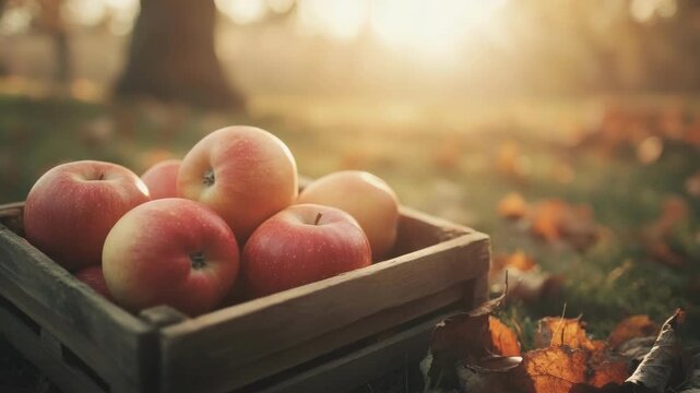 Harvested apples in wooden crate on autumn leaves with warm sunlight