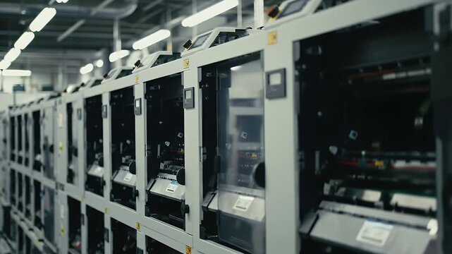Row of Thermal Label Printers in Manufacturing Warehouse with Advanced Technology