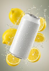 Refreshing beverage can with lemon slice and water splash, modern product photography for advertising