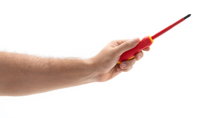 Hand holding a screwdriver with a red handle
