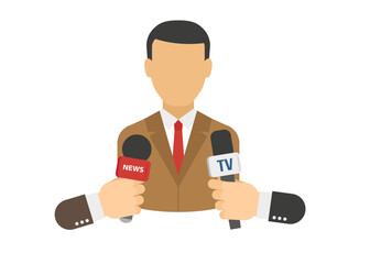 Public speaker and hands of reporters with tv microphones. Breaking news, press conference, mass media, journalism, interview concept. Vector illustration stock illustration