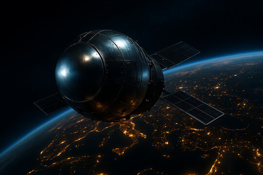 Closeup of glossy spherical satellite orbiting at night above glowing european continent with dual solar panels and precise structure design in low earth orbit