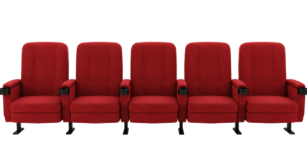 Five empty crimson red velvet cinema seats with dark wood armrests, upright, on a transparent studio background with ample copy space, high-angle, sharp focus, bright studio light. Concept for