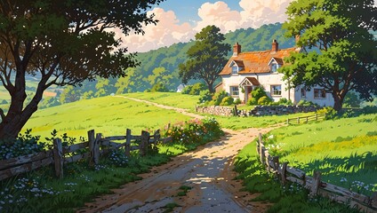 Picturesque anime style country cottage with garden and dirt path in bright green meadow
