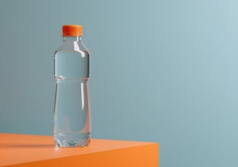 Minimalist clear plastic water bottle with orange cap on blue background for product display and advertising