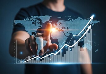 Person touching digital world map with financial graph overlay