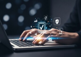 Person typing on laptop with glowing digital icons